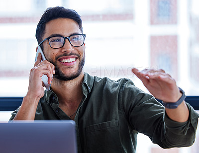 Buy stock photo Happy, businessman and phone call in workplace for talking, planning and networking. Financial advisor, conversation and connect in office for communication, consulting and virtual advice for client