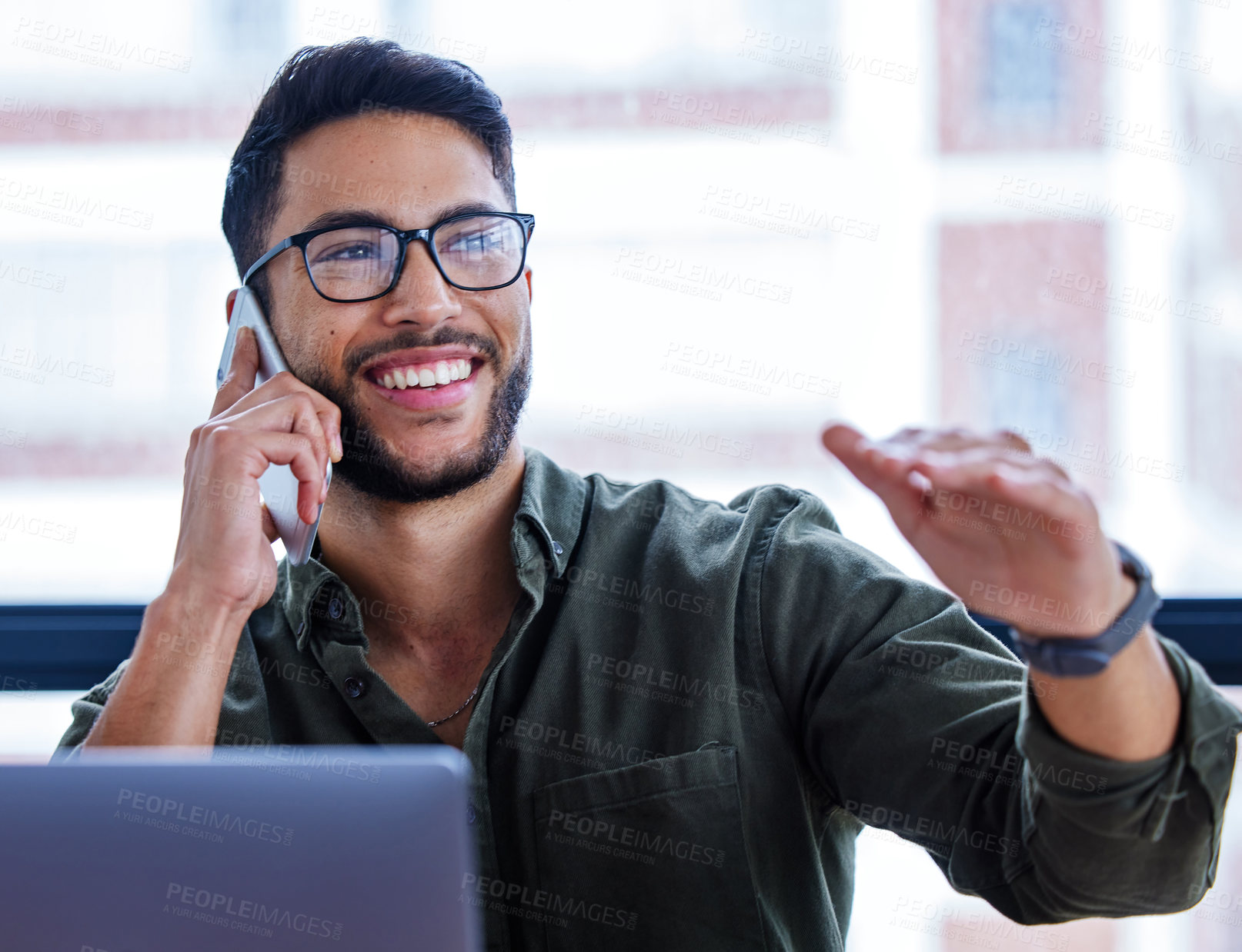 Buy stock photo Happy, businessman and phone call in workplace for talking, planning and networking. Financial advisor, conversation and connect in office for communication, consulting and virtual advice for client