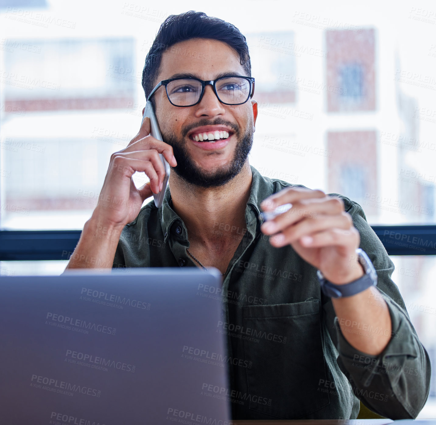 Buy stock photo Happy, man and phone call in office with conversation for connection, talking and communication for discussion. Person, cellphone and speaking of creative career as multi media designer for work.