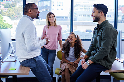 Buy stock photo Smile, group and business people in discussion, planning or conversation together with friends in startup. Collaboration, happy and diverse team of creative editor brainstorming strategy in meeting