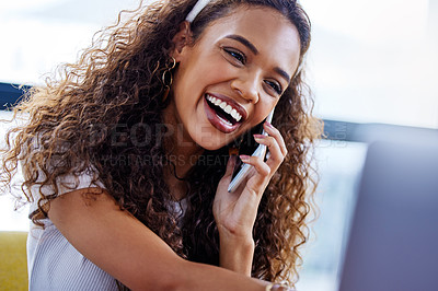 Buy stock photo Happy, woman and phone call in office with communication for connection, talking and catch up with conversation. Girl, cellphone and speaking on break of creative career as multi media designer.