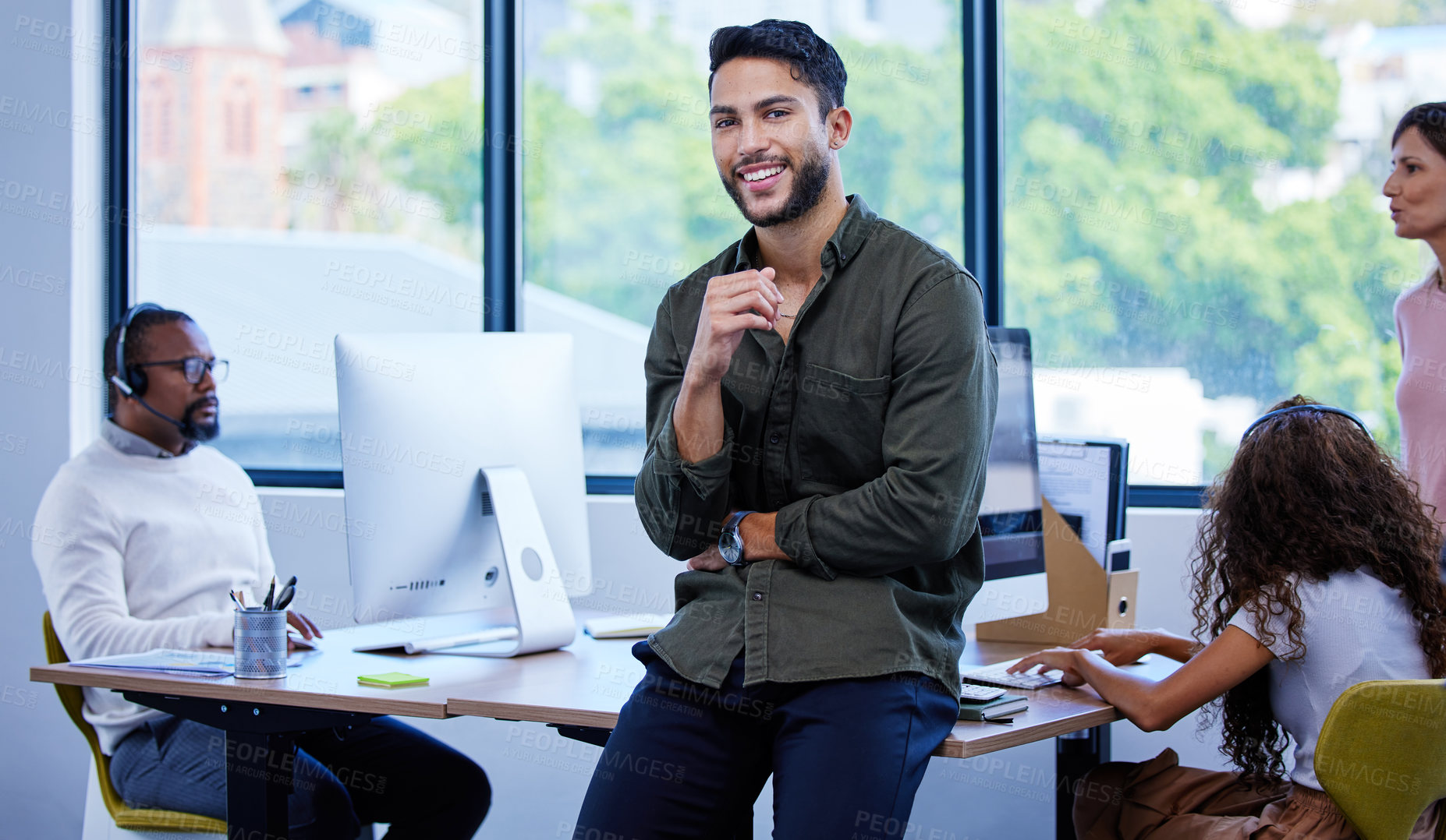Buy stock photo Businessman, portrait and confidence in office with computer for business, startup and management. Manager, technology and smile for call center, customer service and support with team leadership