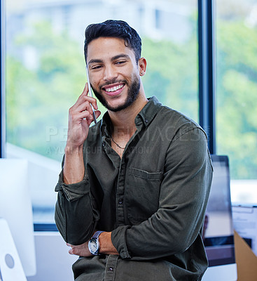 Buy stock photo Happy, man and phone call in office with communication for connection, talking and catch up with conversation. Person, cellphone and speaking on break of creative career as graphic or web designer.