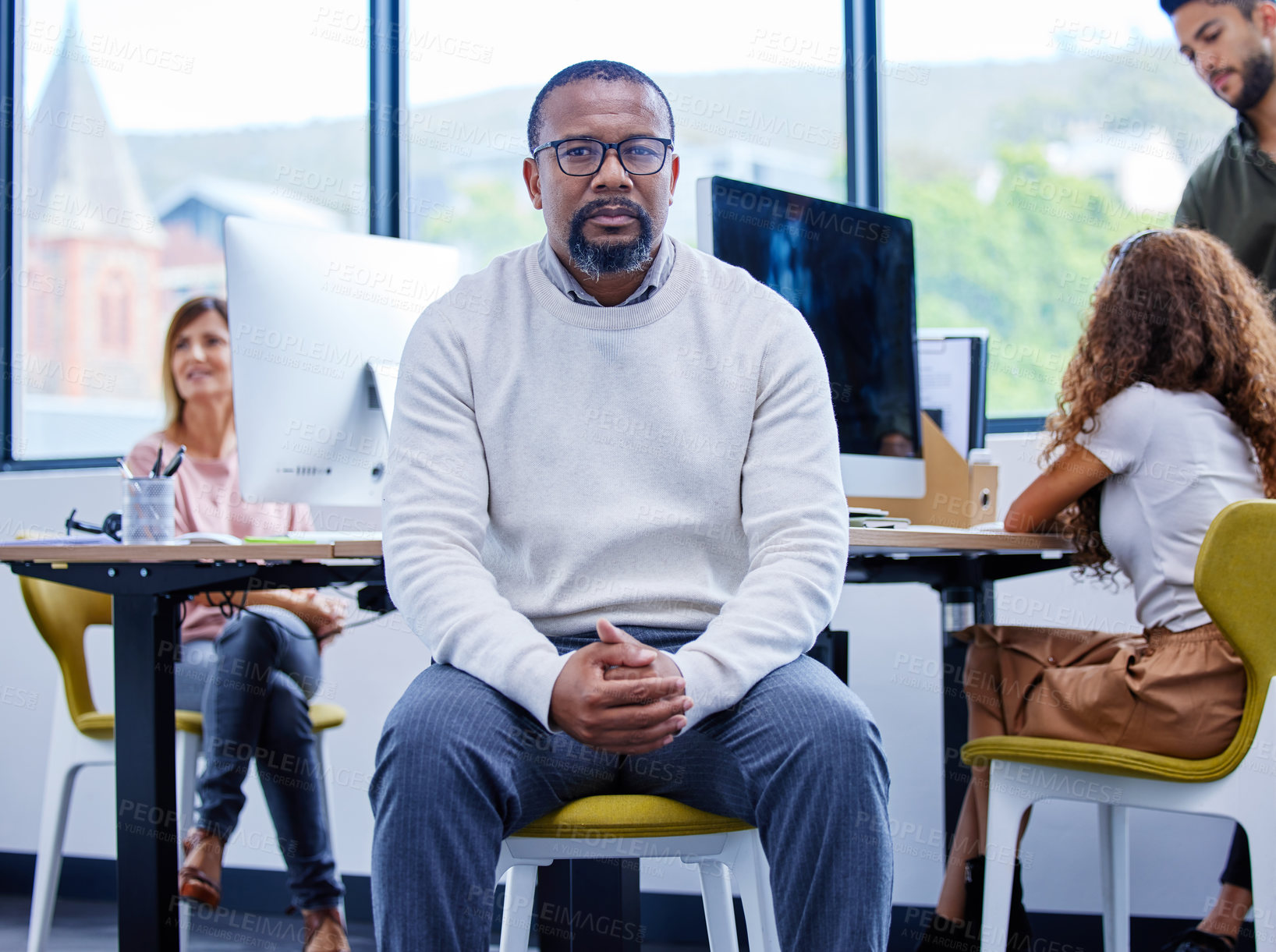 Buy stock photo Arms crossed, portrait and serious with business black man in office management with ambition or experience. Glasses, manager and mission with mature employee in professional workplace for career