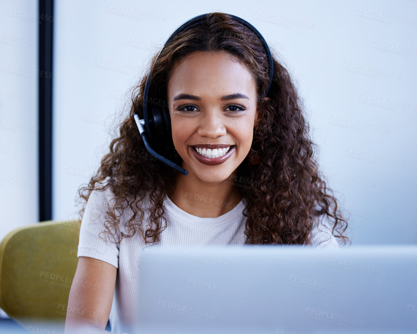 Buy stock photo Laptop, call center agent and portrait of woman in office for customer service. Face, contact us and African female sales consultant, happy professional and telemarketing employee from South Africa.