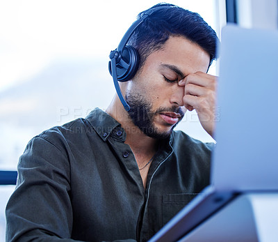 Buy stock photo Call center, stress or businessman with headache pain with burnout, depression fatigue in telecom company. Office, failure or tired consultant frustrated by migraine, crisis or sales job deadline