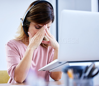 Buy stock photo Call center stress, anxiety or woman with headache pain with burnout, depression fatigue in telecom company. Mistake, failure and tired consultant frustrated by migraine, crisis or sales job deadline