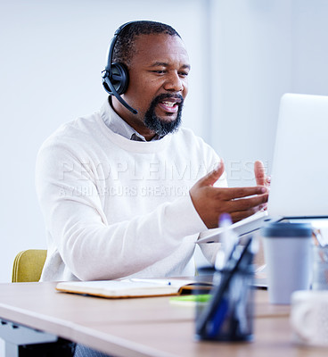 Buy stock photo Laptop, call center agent and black man in office for customer service. Mature, contact us and African male sales consultant, telemarketing employee and consulting for tech support, crm or advice.