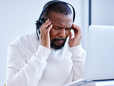 Buy stock photo Call center, stress or black man with headache pain with burnout, depression fatigue in telecom agency. Business, anxiety and tired consultant frustrated by migraine, crisis or sales job deadline
