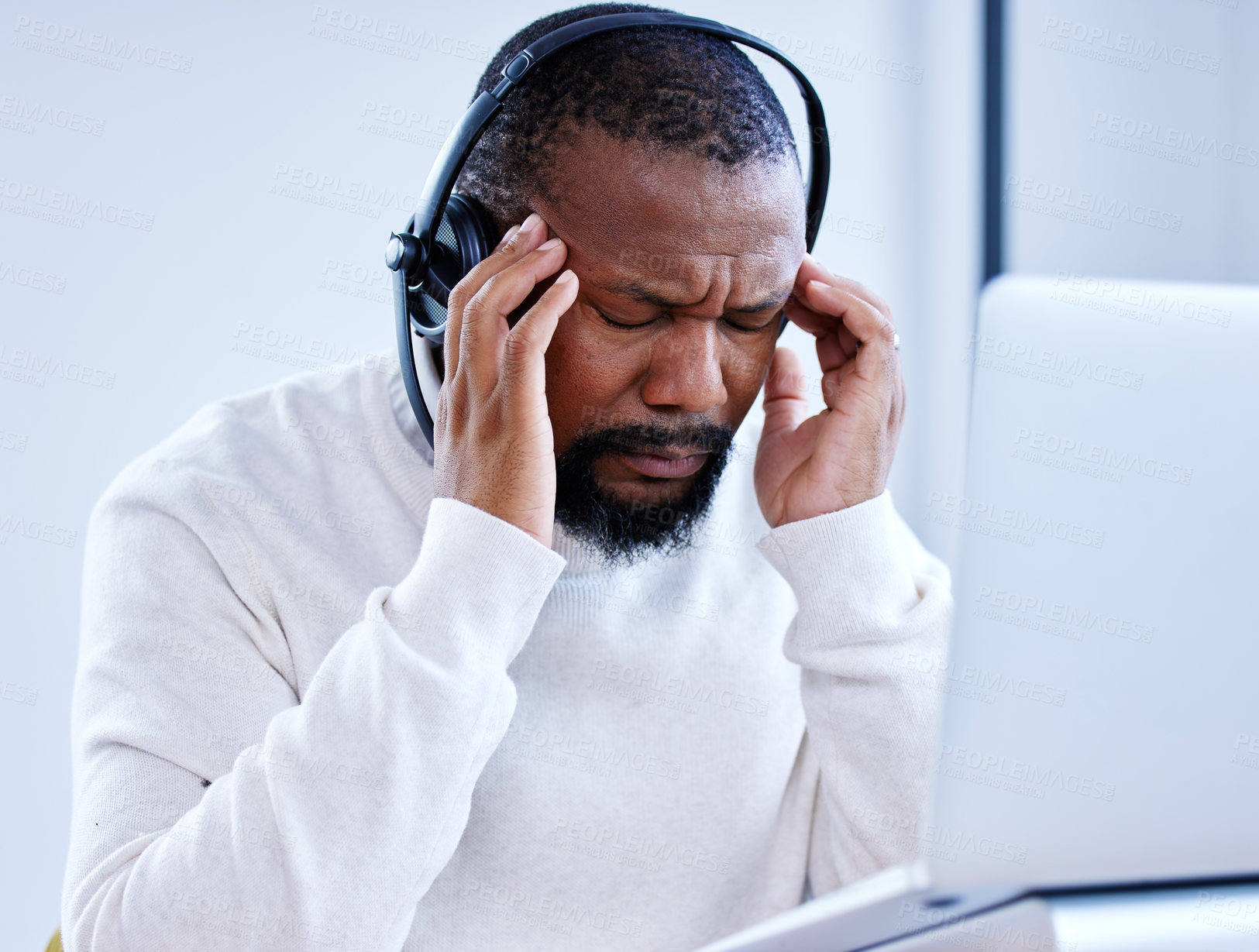 Buy stock photo Call center, stress or black man with headache pain with burnout, depression fatigue in telecom agency. Business, anxiety and tired consultant frustrated by migraine, crisis or sales job deadline