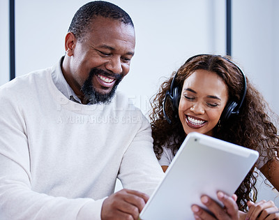 Buy stock photo Call center, tablet or team leader with woman in training, coaching or speaking of sales team strategy. Learning, mentorship or manager teaching for helping CRM virtual assistant with advice or info