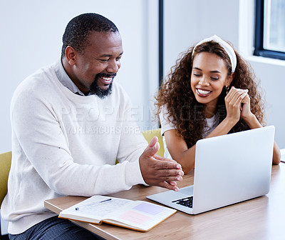 Buy stock photo Mature business man, laptop and talking in office with intern student for online career report or project management email feedback. Professional people, training and tech for teach or collaboration