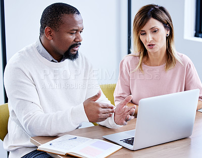 Buy stock photo Mature business people, laptop and talking in office for online career report, project management or email feedback. Profession, conversation and digital tech for collaboration and planning indoor 