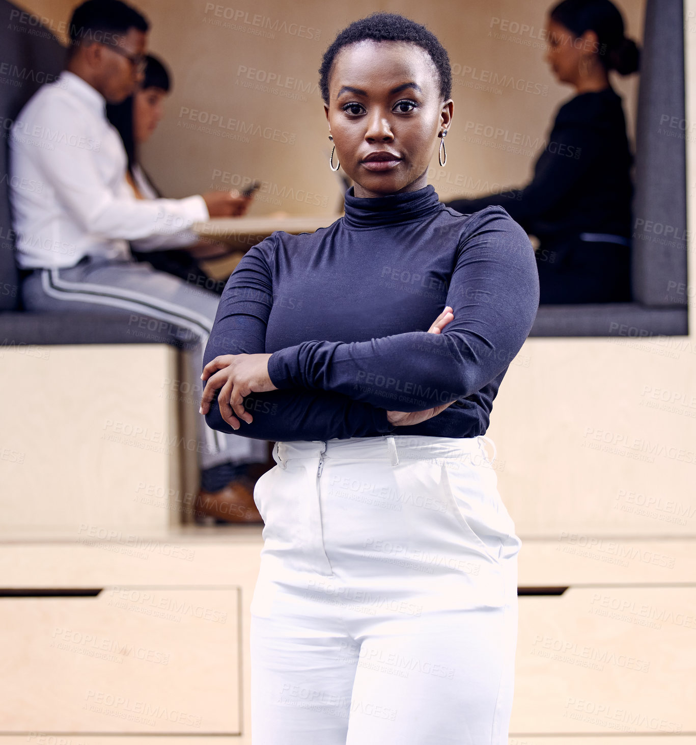 Buy stock photo Black woman, arms crossed and confident in professional career, young employee with pride and ambition. Public relations rep, expert with experience in media industry and serious for business