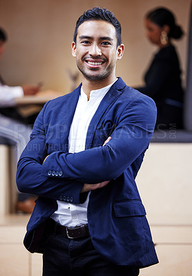 Buy stock photo Business man, arms crossed and portrait with confidence, young professional and expert in public relations for politics. Pride, ambition and smile with spokesperson for political election campaign