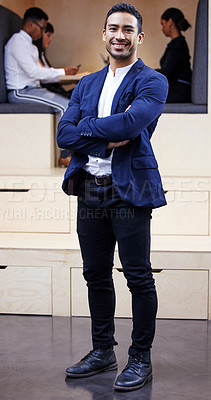 Buy stock photo Business man, arms crossed and confident in a portrait, young professional and expert in public relations for politics. Pride, ambition and smile with spokesperson for political election campaign