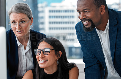 Buy stock photo Computer, mentor and group of business people in office for advice, online proposal or planning. Collaboration, senior manager and team at desk for consulting, brainstorming ideas or working together