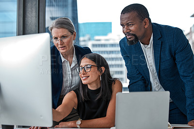 Buy stock photo Computer, advice and group of business people in office for mentorship, online project or proposal. Collaboration, senior manager and team at desk consulting, brainstorming ideas or planning together