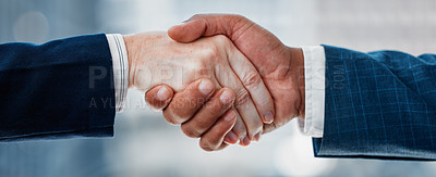 Buy stock photo Handshake, people and deal in office with closeup for shaking hands in business meeting. Workplace, agreement and trust with crm for collaboration, corporate and b2b with contract for thank you