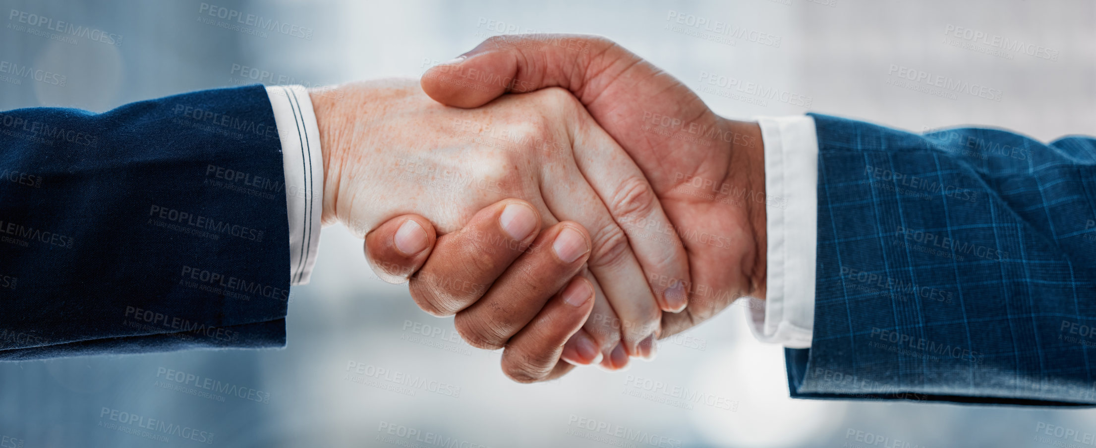 Buy stock photo Handshake, people and deal in office with closeup for shaking hands in business meeting. Banner, agreement and trust with crm for collaboration, corporate and b2b with contract for thank you