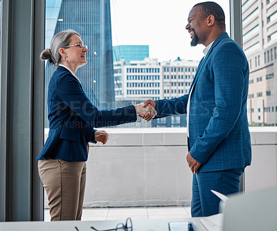 Buy stock photo Business, woman and meeting with handshake in office for success on onboarding for creative startup company. Male person, people and welcome greeting in professional workplace for review with report 