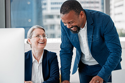 Buy stock photo Computer, woman and man laughing in office with advice, online proposal or business plan with smile. Partnership, happy manager and consultant in funny discussion at desk brainstorming ideas together