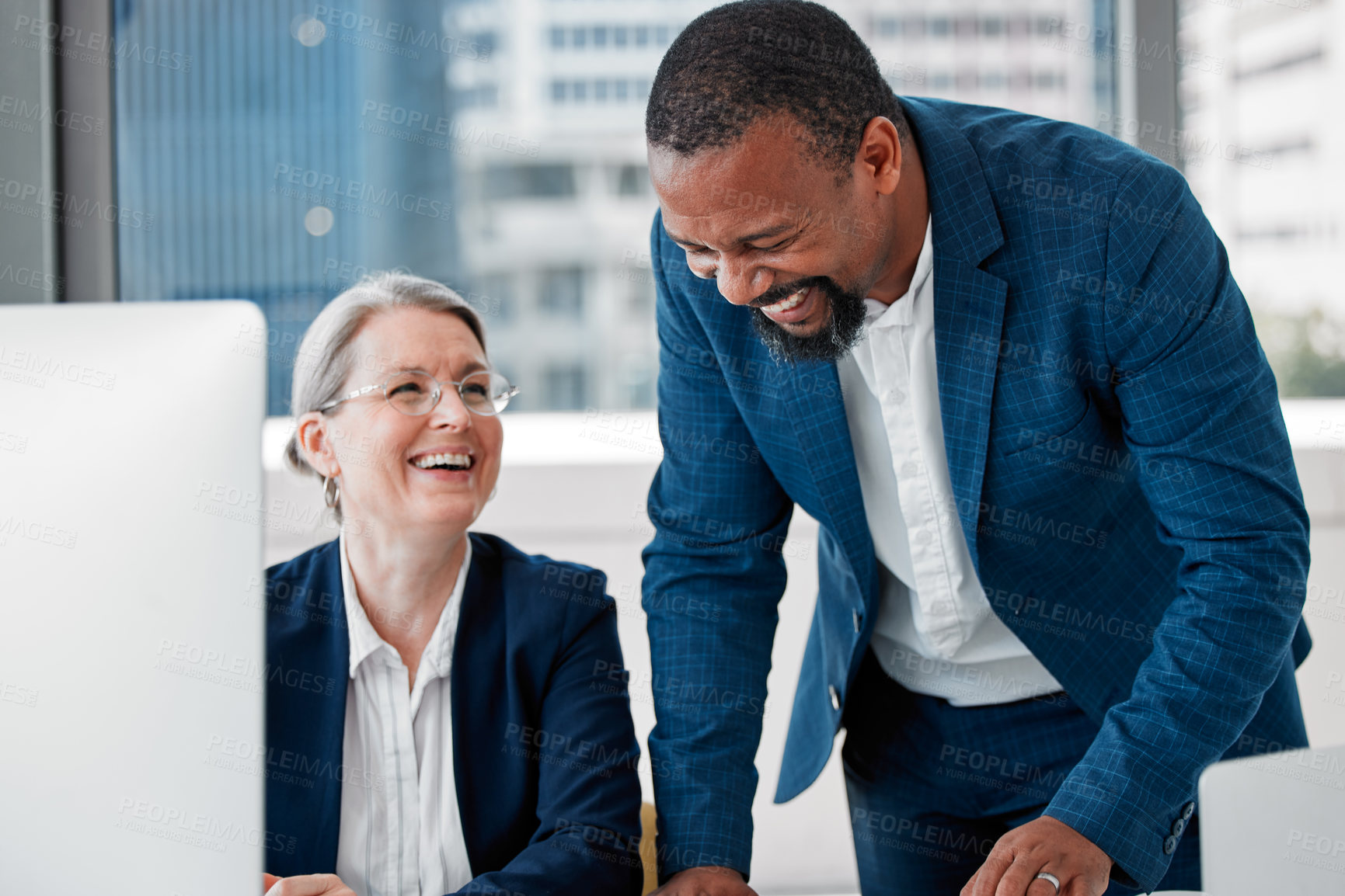 Buy stock photo Computer, woman and man laughing in office with advice, online proposal or business plan with smile. Partnership, happy manager and consultant in funny discussion at desk brainstorming ideas together