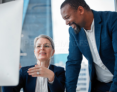 Buy stock photo Computer, advice and business people in office for support, online proposal or project planning. Partnership, manager and consultant at desk for brainstorming, ideas and problem solving together.