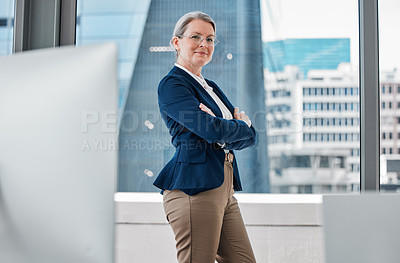 Buy stock photo Office, portrait and mature woman with pride for career growth, startup project or business as leader. Professional, female person or manager with confidence for corporate success or job opportunity