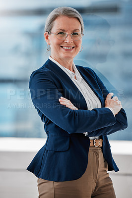 Buy stock photo Mature businesswoman, smile and portrait for career report or project management for leadership in office. Professional person or manager and confident for corporate success and work job in company