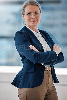 Buy stock photo Mature female manager, smile and portrait for career report or project management for leader in office. Business woman, profession and confident in corporate success and assertive in work job company