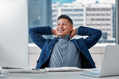 Buy stock photo Businessman, thinking and relax in office for rest with corporate project, idea and complete goal. Peace, stretching and accountant with happy thoughts by desk for break, hard work and finish target
