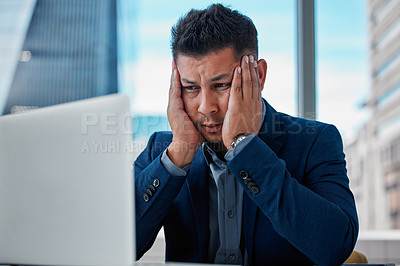 Buy stock photo Businessman, frustrated and distress in office for problem with 404 error, profit loss and project mistake. Worried, accountant and fail by desk with bad internet, software glitch and anxious worker