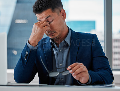 Buy stock photo Business, office and man with headache, stress and anxiety with burnout, mental health and overworked. Person, employee and consultant with migraine, depression and eye pain with company risk or fail