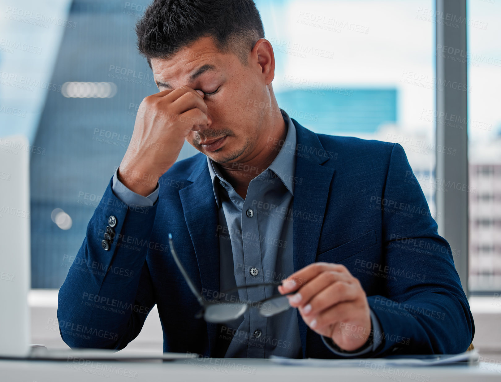 Buy stock photo Business, office and man with headache, stress and anxiety with burnout, mental health and overworked. Person, employee and consultant with migraine, depression and eye pain with company risk or fail