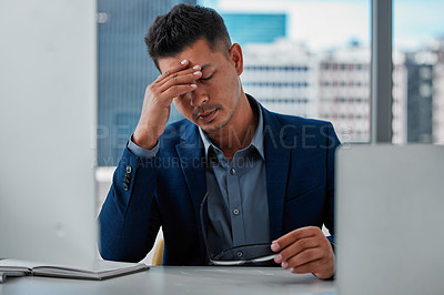 Buy stock photo Business, office and man with headache, depression and anxiety with burnout, mental health or mistake. Person, employee or consultant with migraine, overworked or eye pain with company risk or stress