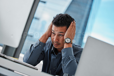 Buy stock photo Business, office and man with headache, anxiety and depression with stress, mental health and overworked. Person, employee and consultant with migraine, burnout and mistake with company risk and fail