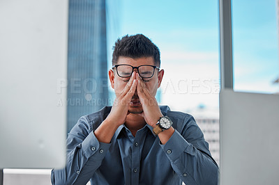 Buy stock photo Business, office and man with headache, eye strain and anxiety with burnout, tired or overworked. Person, employee or consultant with migraine, depression or pain with company risk, stress or fatigue