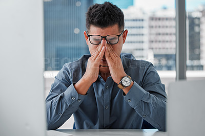 Buy stock photo Business, stress and man with headache, eye pain and anxiety with mental health, fail and overworked. Person, employee and agent with migraine, depression and burnout with company risk and mistake