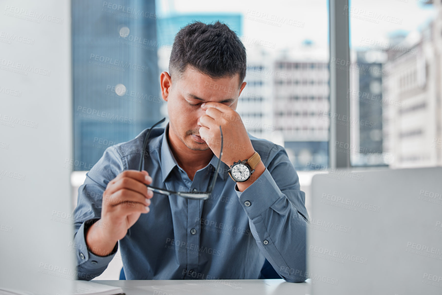 Buy stock photo Business man, eye strain and glasses in office, stress and bad mental health or burnout and pc glitch. Male person, migraine and frustration for headache, anxiety and fail or bankrupt accountant