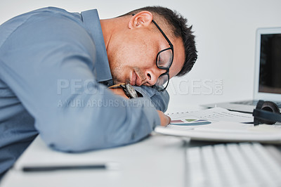 Buy stock photo Business man, burnout and sleeping at desk, tired and employee for audit or overworked in office. Male person, accountant and lazy or depression stress at finance firm, frustration and mental health