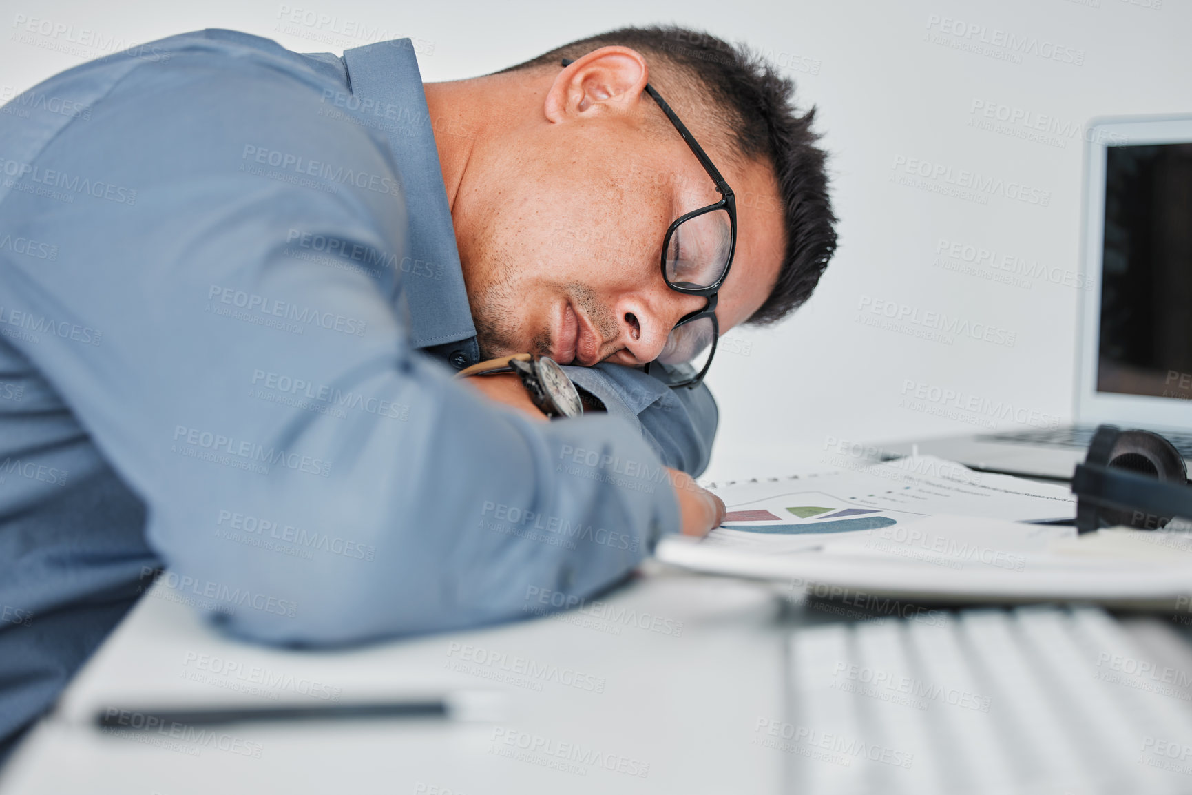 Buy stock photo Business man, burnout and sleeping at desk, tired and employee for audit or overworked in office. Male person, accountant and lazy or depression stress at finance firm, frustration and mental health