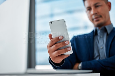Buy stock photo Hand, phone and social media with business man in office for communication, networking or problem solving. App, contact and text message with corporate employee reading info at desk in workplace