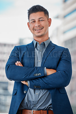 Buy stock photo Businessman, portrait and entrepreneur with confidence in city for ambition, pride and positive future. Man, happy and excited for career in London with suit for company, work and job opportunity