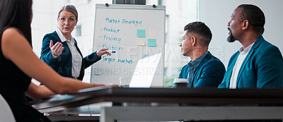 Buy stock photo Presentation, training and mature woman, question and meeting for strategy, marketing and target for sales. Speaker, boss and employees in office, listen and workshop in company, CEO and white board