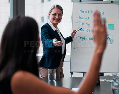 Buy stock photo Presentation, training and mature woman, white board and meeting for strategy, marketing and target for sales. Speaker, boss and employees in office, listen and workshop in company, CEO and question