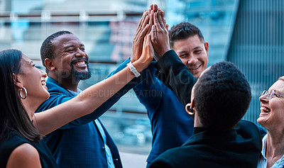 Buy stock photo High five, collaboration and motivation with a business team on a balcony together for success or celebration. Teamwork, meeting and wow with a group of corporate people in support of company growth