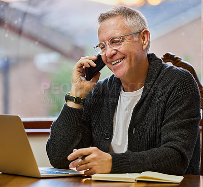 Buy stock photo Senior man, smile and phone call for connection, conversation and communication with laptop, diary and home office. Mature, male person and tech for online, internet and digital for pension manager