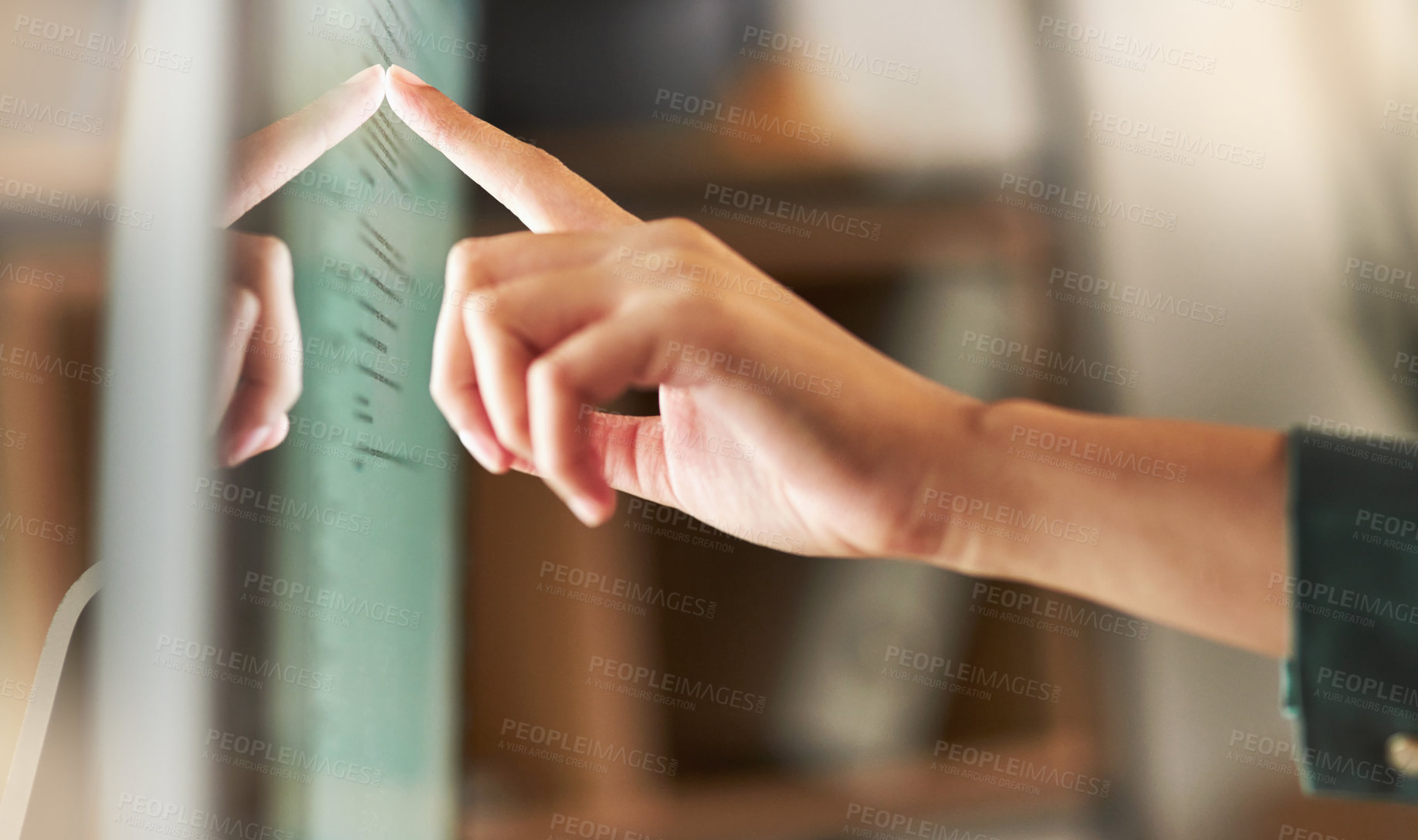 Buy stock photo Shot of a businesswoman touching her desktop PC screen