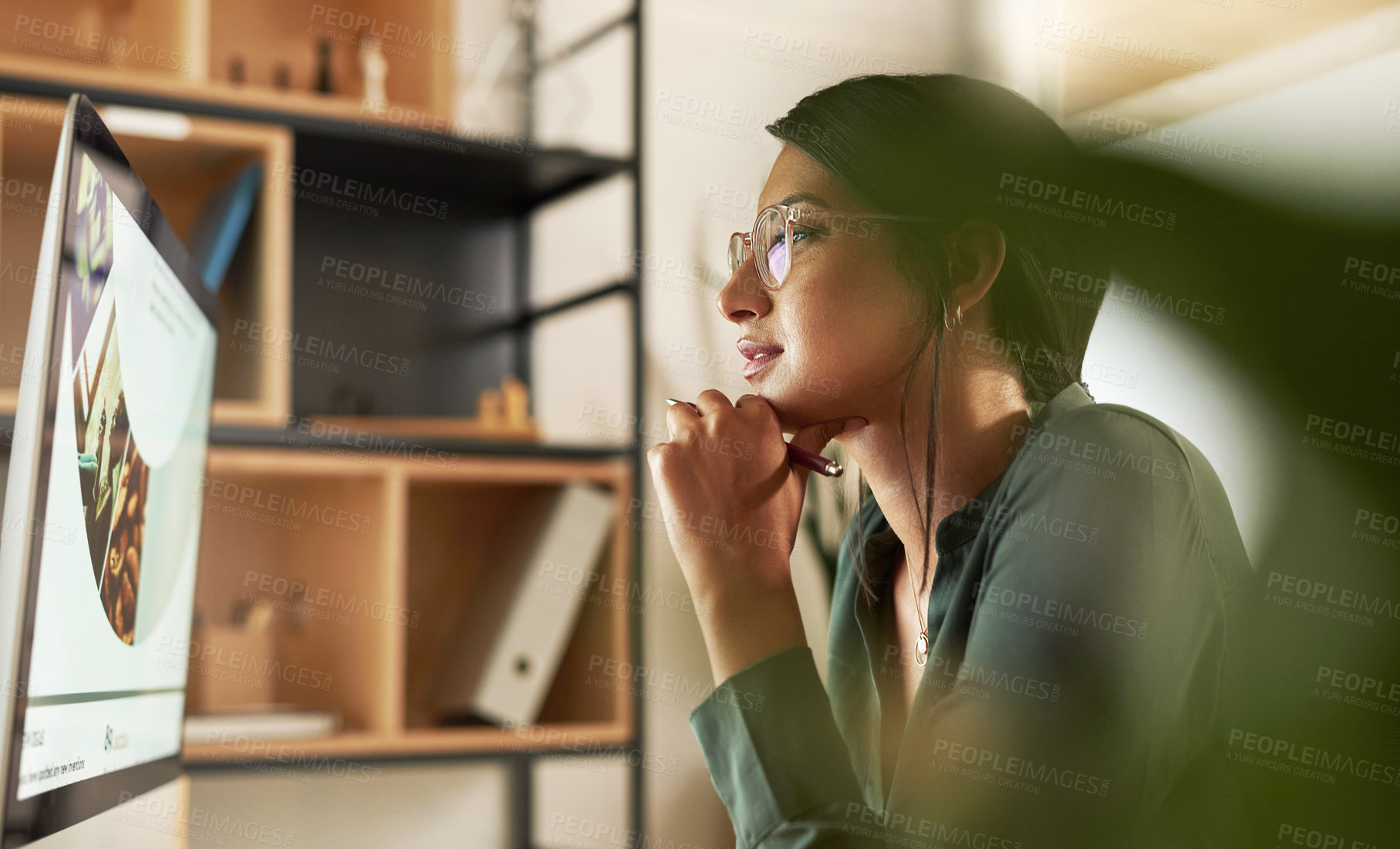 Buy stock photo Thinking, woman and reading with computer in office for research, proofreading and editor feedback. Journalist, review or pc for submission email, copywriting report and ideas for article publication